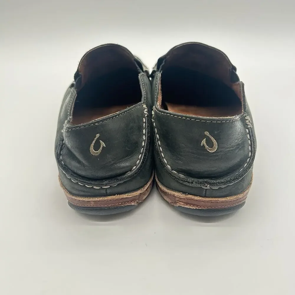 OluKai Moloa Mens 11 Black Leather Slip On Low Top Casual Comfort Loafers